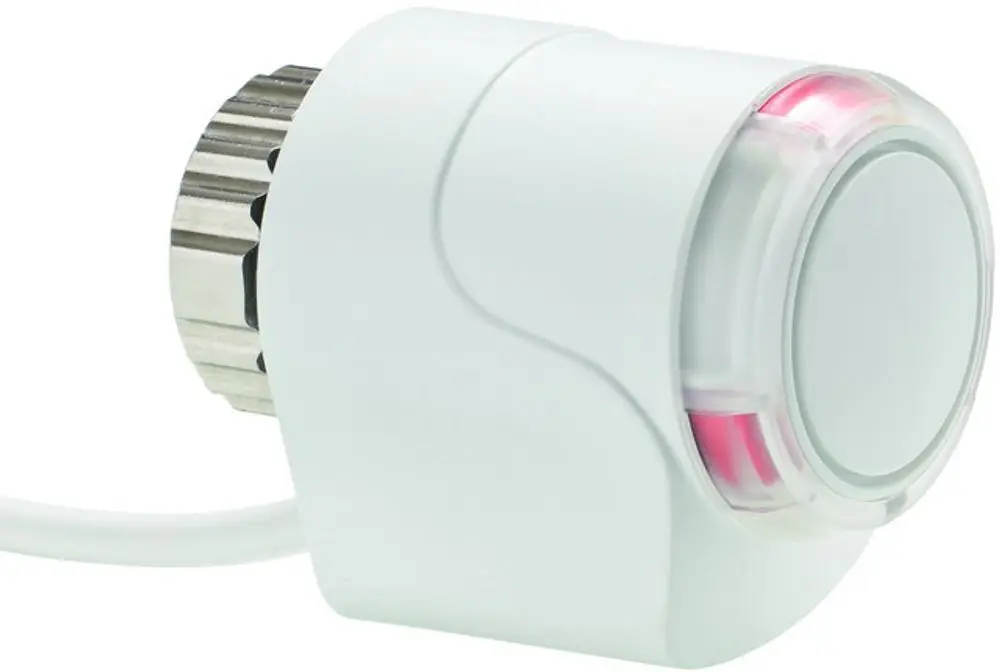 Thermischer Stellantrieb in Weiß von IMI Hydronic Engineering, mit verchromtem Anschluss. Für Heizungsanwendungen geeignet.